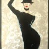Painting Woman with hat::Elegant woman painting with a black outfit, red lips, and a textured background, perfect for modern decor.