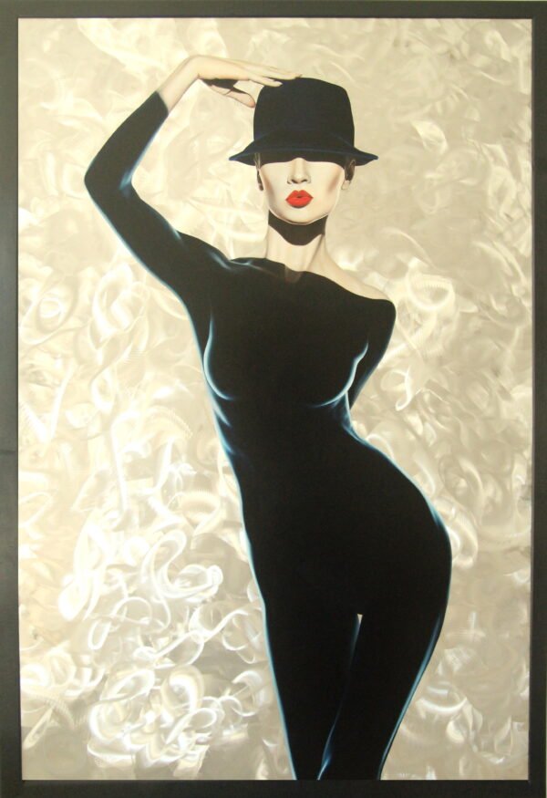 Painting Woman with hat::Elegant woman painting with a black outfit, red lips, and a textured background, perfect for modern decor.