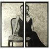 Elegant woman painting in black and white diptych on brushed aluminum with abstract background, perfect for modern decor.