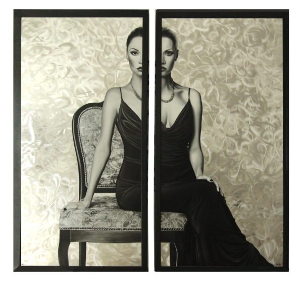 Elegant woman painting in black and white diptych on brushed aluminum with abstract background, perfect for modern decor.