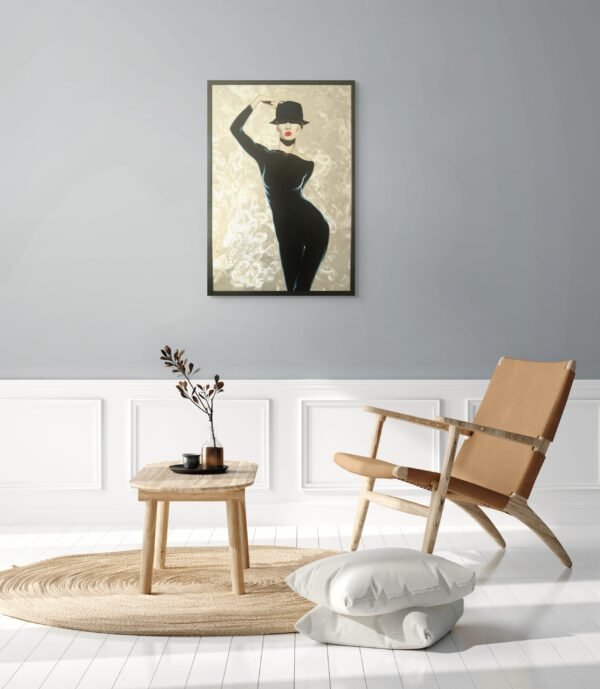 Elegant woman painting displayed in a minimalist reading nook with wooden furniture and neutral tones.