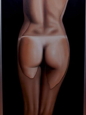 Contemporary figurative painting of a human back with elegant contours and minimalist details on a dark background.