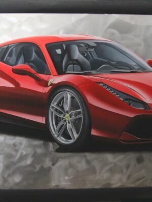 Realistic Ferrari wall art featuring a red Ferrari sports car in a sleek aluminum and plexiglass finish.