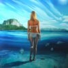 A woman in a bikini wading through clear ocean water with vibrant fish below and an island in the background; woman beach painting.