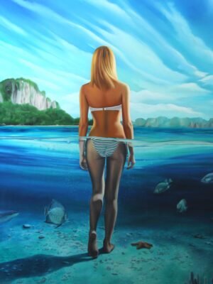 A woman in a bikini wading through clear ocean water with vibrant fish below and an island in the background; woman beach painting.