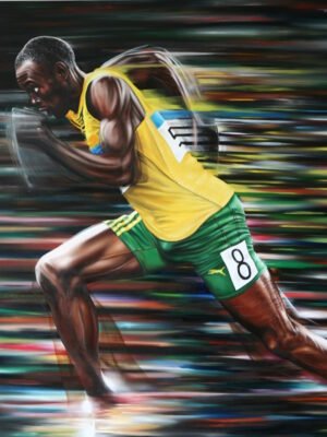Sports wall art of a sprinter in action with a dynamic background in vibrant colors.