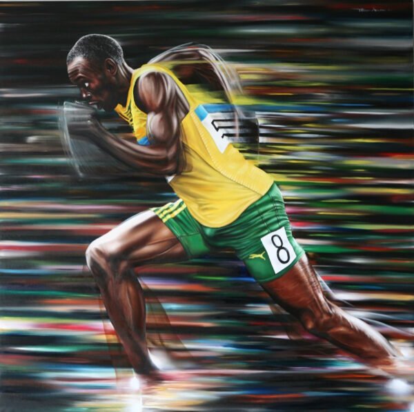 Sports wall art of a sprinter in action with a dynamic background in vibrant colors.