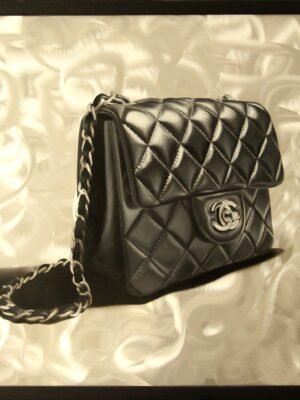 Canvas bag painting of a quilted luxury handbag on brushed aluminum, blending art and fashion in a striking composition.