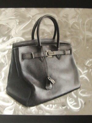 Luxury handbag painting on brushed aluminum with artistic frame, showcasing a detailed Hermes-inspired design.