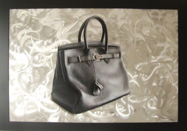 Luxury handbag painting on brushed aluminum with artistic frame, showcasing a detailed Hermes-inspired design.