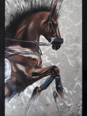 Horse paintings on canvas featuring a rearing horse with intricate details, painted on a textured silver background.