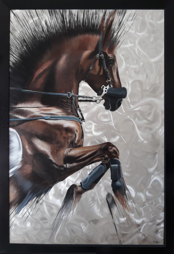 Horse paintings on canvas featuring a rearing horse with intricate details, painted on a textured silver background.
