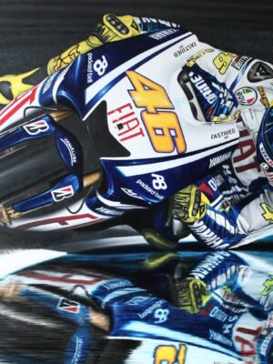 Dynamic MotoGP canvas wall art featuring a racer in action with vibrant colors and reflections, perfect for racing fans.