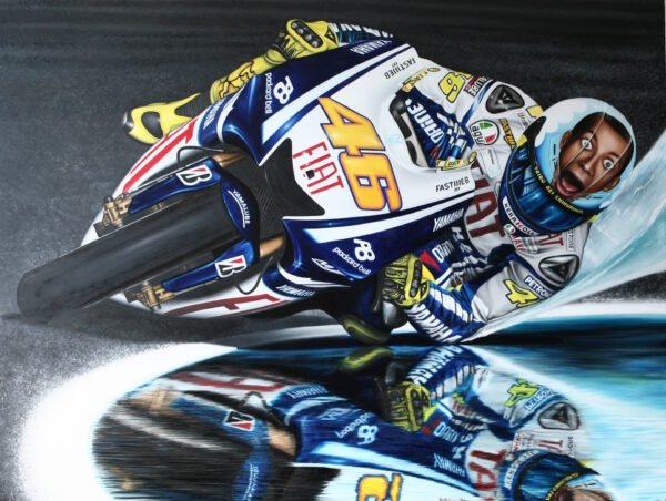 Dynamic MotoGP canvas wall art featuring a racer in action with vibrant colors and reflections, perfect for racing fans.