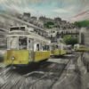 Public art urban light painting of Lisbon trams in motion with grayscale cityscape and vibrant yellow trams, symbolizing time, nostalgia, and progress.