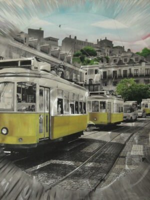 Public art urban light painting of Lisbon trams in motion with grayscale cityscape and vibrant yellow trams, symbolizing time, nostalgia, and progress.