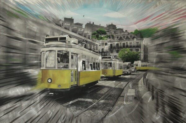 Public art urban light painting of Lisbon trams in motion with grayscale cityscape and vibrant yellow trams, symbolizing time, nostalgia, and progress.