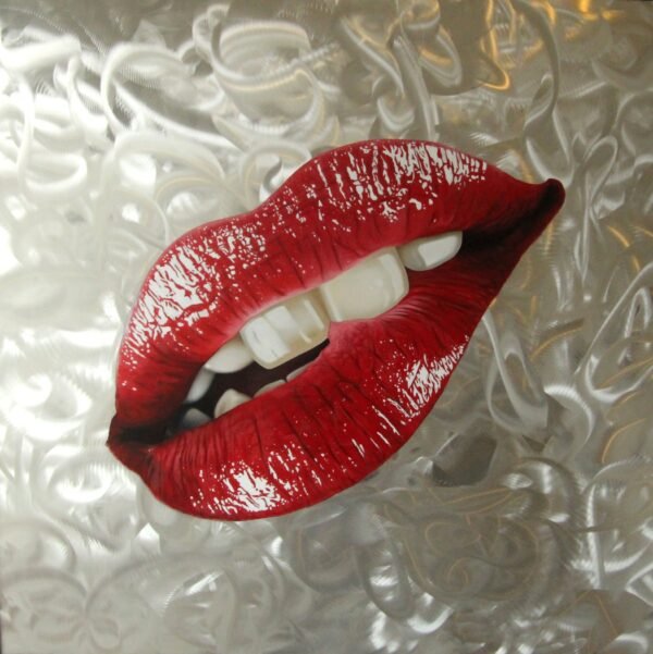 Pop art painting of glossy red lips pop art painting on brushed aluminum with a textured silver background.