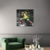 Sports wall art displayed in a modern living room with a green velvet chair and marble table.