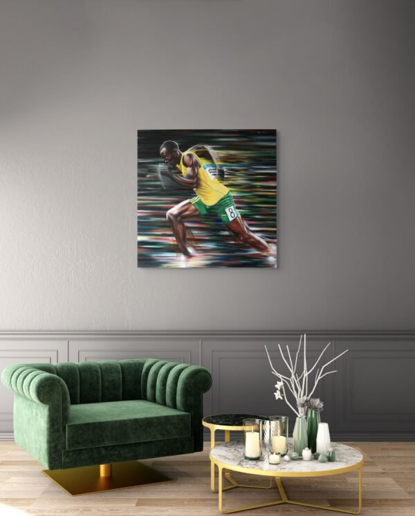 Sports wall art displayed in a modern living room with a green velvet chair and marble table.