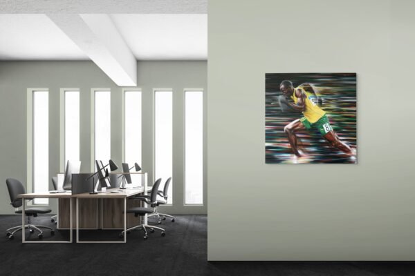 Sports wall art placed in an office space with minimalistic design and tall windows.