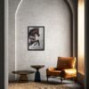 Horse painting on canvas featuring a majestic rearing horse, displayed in a modern arched space with warm, minimalist decor.