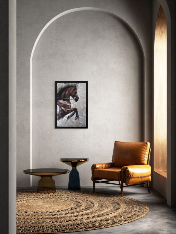 Horse painting on canvas featuring a majestic rearing horse, displayed in a modern arched space with warm, minimalist decor.