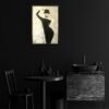 A dark, monochromatic room with a painting of a woman in a black outfit and hat, illuminated as the focal point