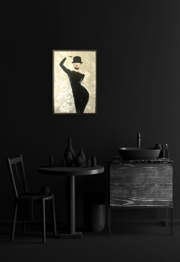 A dark, monochromatic room with a painting of a woman in a black outfit and hat, illuminated as the focal point
