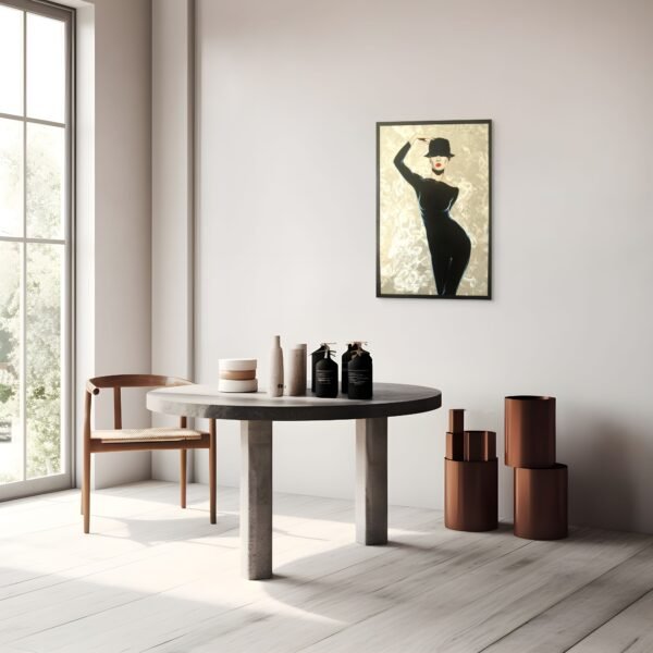 A bright, minimalistic dining area with a round table and a painting of a woman in a black outfit and hat on the wall.