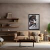 Horse painting on canvas featuring a rearing horse, displayed in a warm-toned living room with minimalist decor and natural lighting.