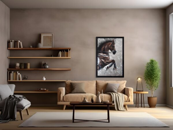 Horse painting on canvas featuring a rearing horse, displayed in a warm-toned living room with minimalist decor and natural lighting.