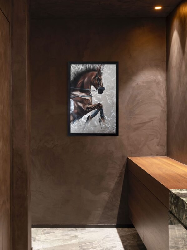 Horse painting on canvas showcasing a rearing horse, elegantly displayed in a warm-toned, minimalist space with accent lighting.