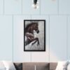 Horse painting on canvas featuring a rearing horse, elegantly displayed in a modern living room with minimalist decor and soft lighting.