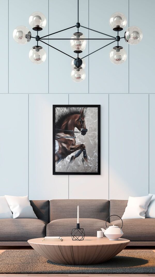 Horse painting on canvas featuring a rearing horse, elegantly displayed in a modern living room with minimalist decor and soft lighting.