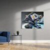 MotoGP canvas wall art displayed in a minimalist dining space with modern furniture.