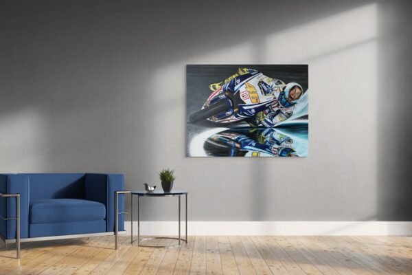 MotoGP canvas wall art displayed in a minimalist dining space with modern furniture.