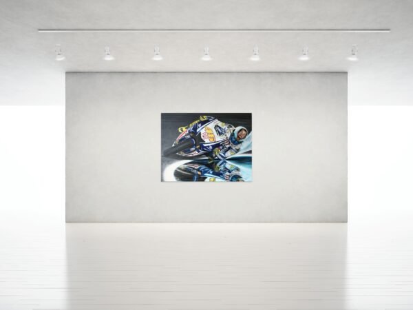 MotoGP canvas wall art displayed in a bright gallery space with spotlighting