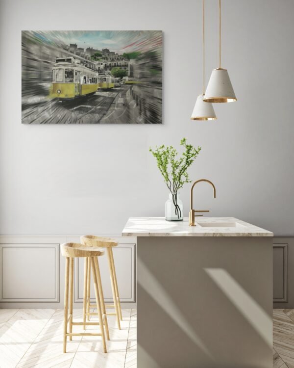 Public art urban light painting of Lisbon trams mounted above a minimalist kitchen island with pendant lights and wooden stools.