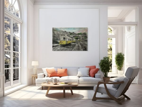 Public art urban light painting displayed above a modern white sofa in a bright living room with large windows, plants, and minimalist decor