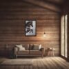 Horse painting on canvas featuring a rearing horse, displayed in a cozy rustic living room with wooden walls and natural lighting.