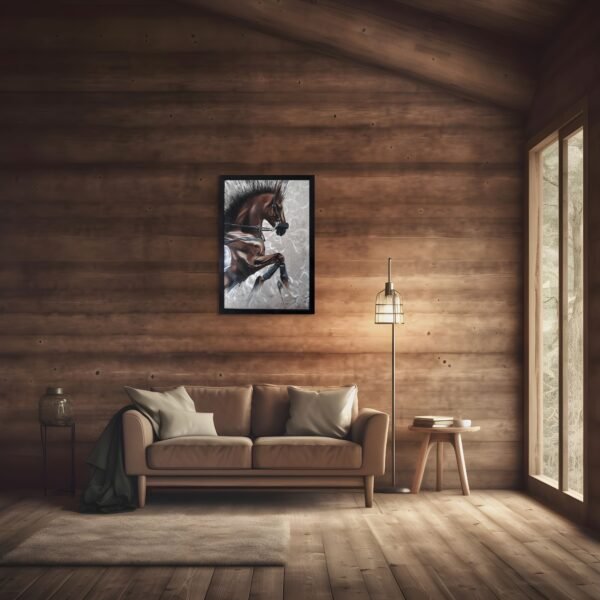 Horse painting on canvas featuring a rearing horse, displayed in a cozy rustic living room with wooden walls and natural lighting.