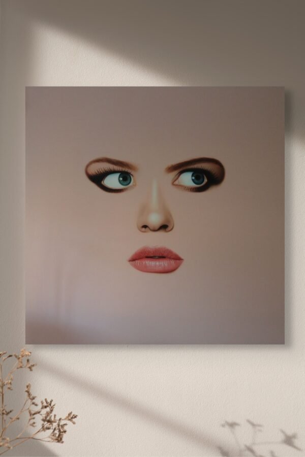Modern face art of a surreal woman’s portrait with blue eyes and soft lips, highlighted by natural light and shadows.