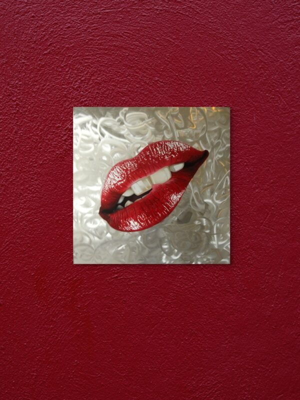 Red lips pop art painting on a textured silver background displayed on a deep red wall.
