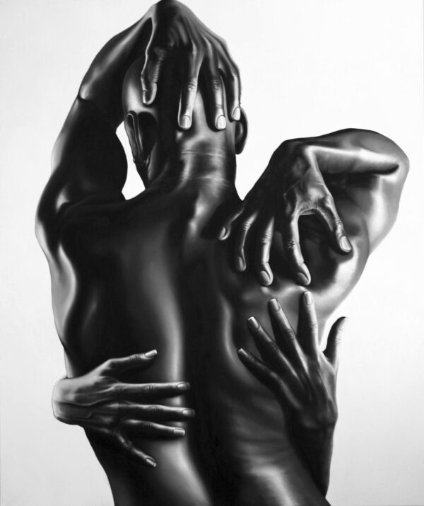 professional paintings: A black-and-white figurative painting depicting an intimate embrace, showcased above a sleek modern console with minimalist decor.