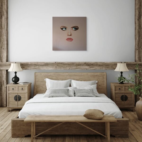 Modern face art painting of a woman’s surreal portrait displayed in a rustic bedroom with wooden beams and neutral decor.