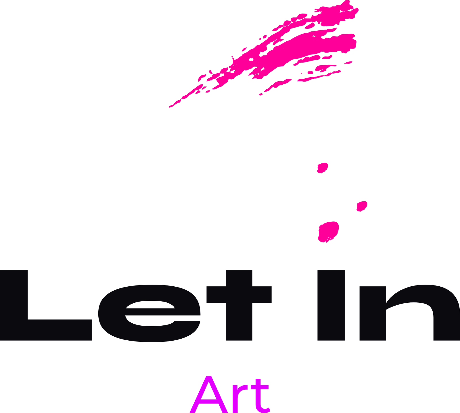 Logo of Let In Art featuring bold black text with vibrant pink brush strokes and paint splatters above the brand name