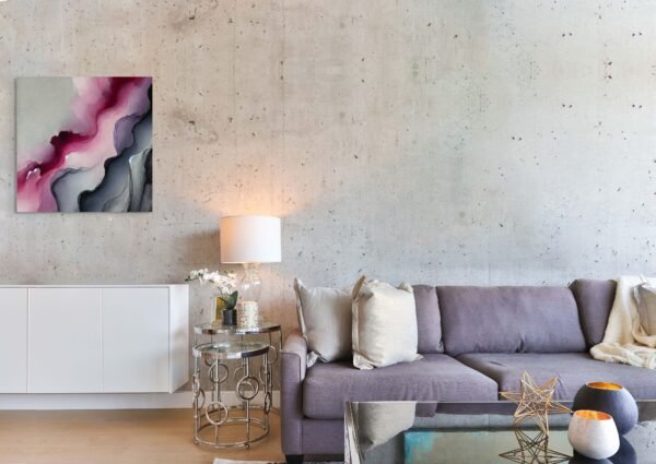 Pink and Gray Abstract Painting – Modern Fluid Art for Elegant Interiors