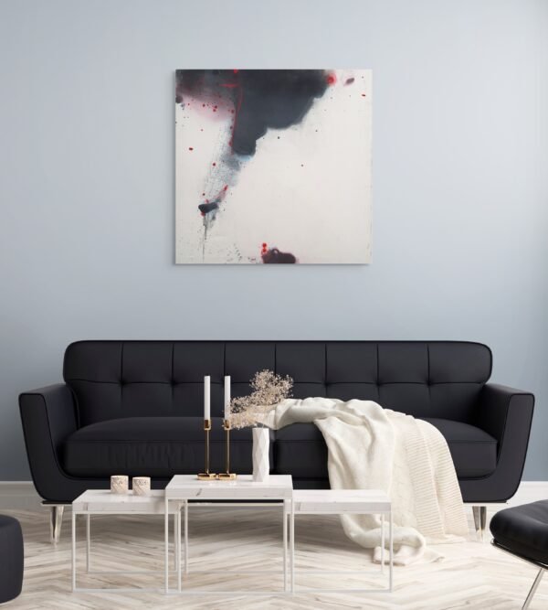 Abstract Expressionist Wall Art – Smoke and Red Accents on White Canvas - Numero 215