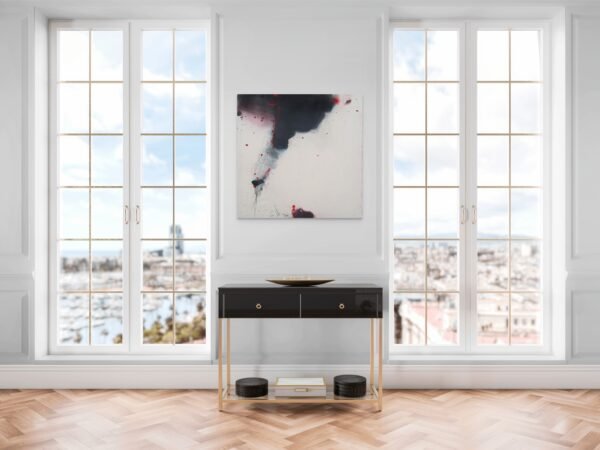 Abstract Expressionist Wall Art – Smoke and Red Accents on White Canvas - Numero 215